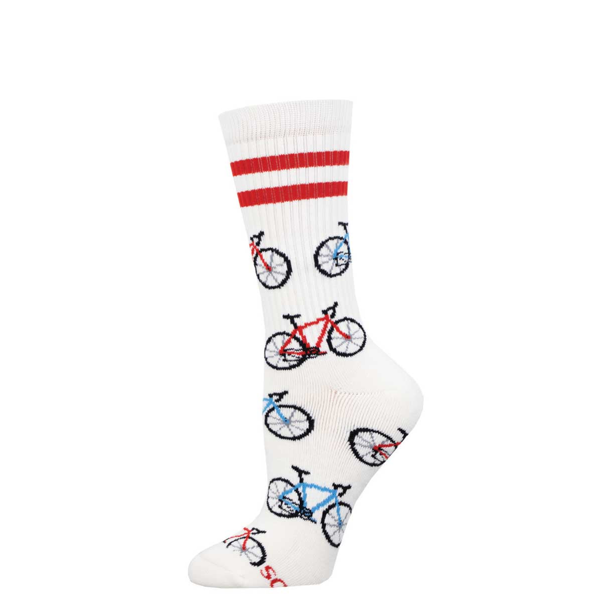 A pair of white athletic socks with a pattern of bicycles in red and blue and two red stripes on the calf area.