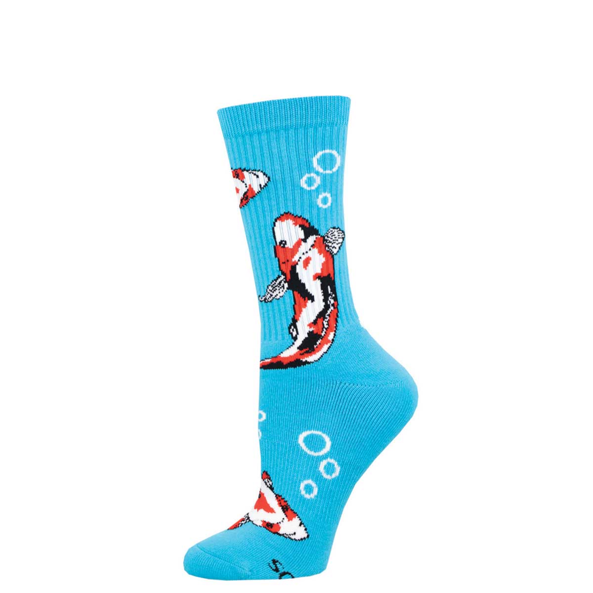 A pair of light blue crew socks with a pattern of red and white koi fish and bubbles.