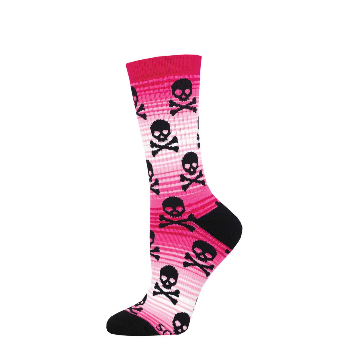 A pair of colorful crew socks featuring a pattern with skulls and stripes in various shades of pink colors.