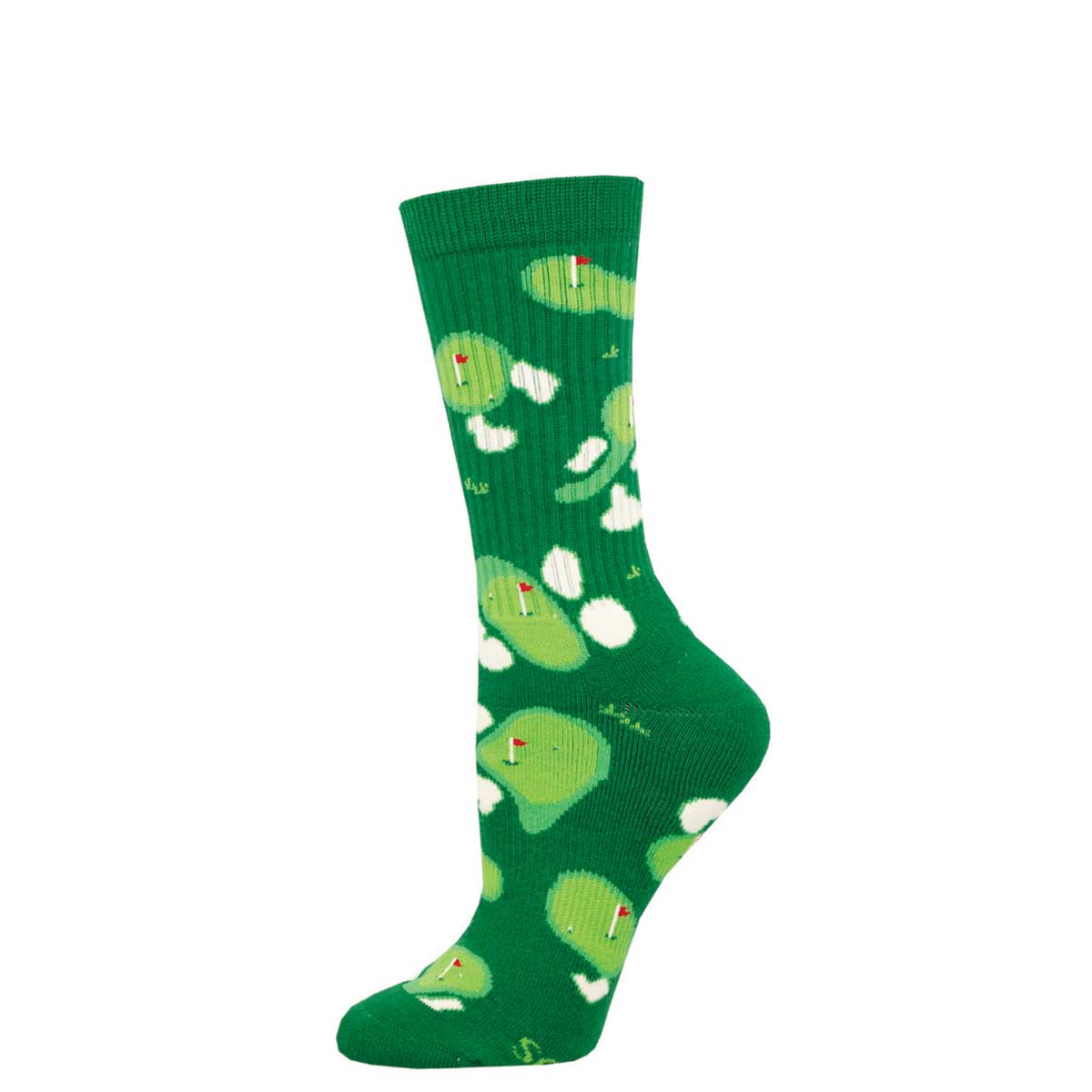 A pair of green crew socks with a golf course pattern.
