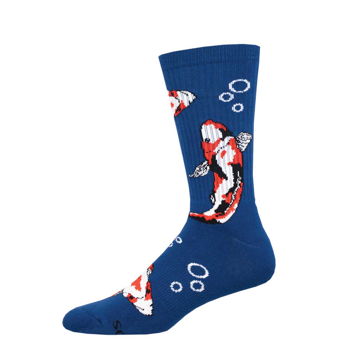 A pair of dark blue crew socks with a pattern of red and white koi fish and bubbles.