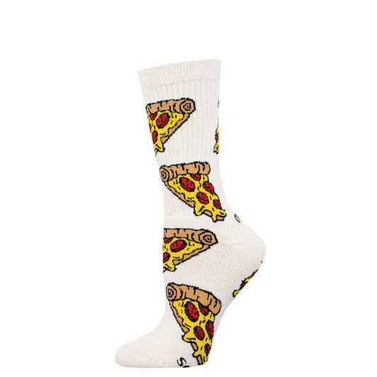 A pair of white crew socks with a pattern of pepperoni and cheese pizza slices.