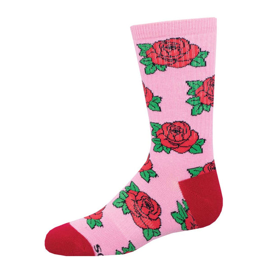A pair of pink crew socks with a floral pattern featuring red roses, designed for kids.