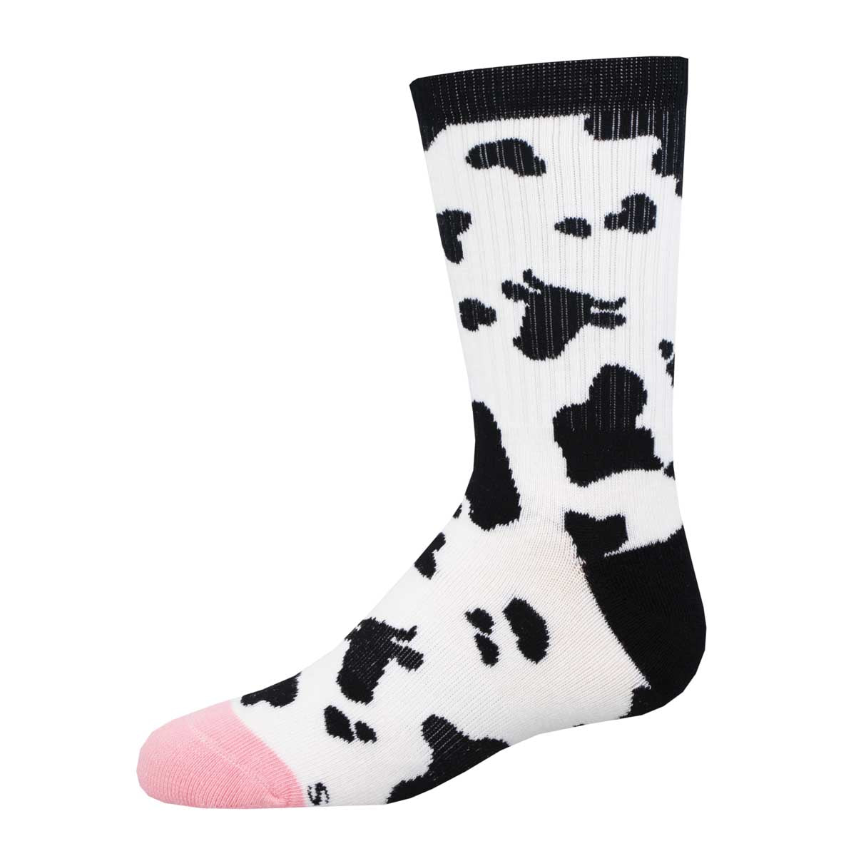 A pair of youth-sized socks with a bold cowhide print, predominantly white with black patches and an udderly pink toe.