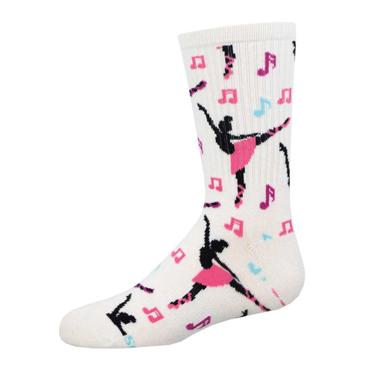 A pair of white crew socks with a pattern of black ballet dancers and pink musical notes.