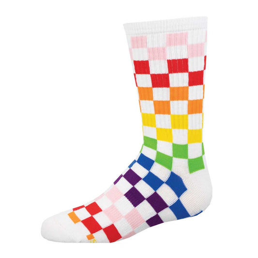 A pair of youth-sized, multicolored checkered socks designed for athletic wear on a white background.