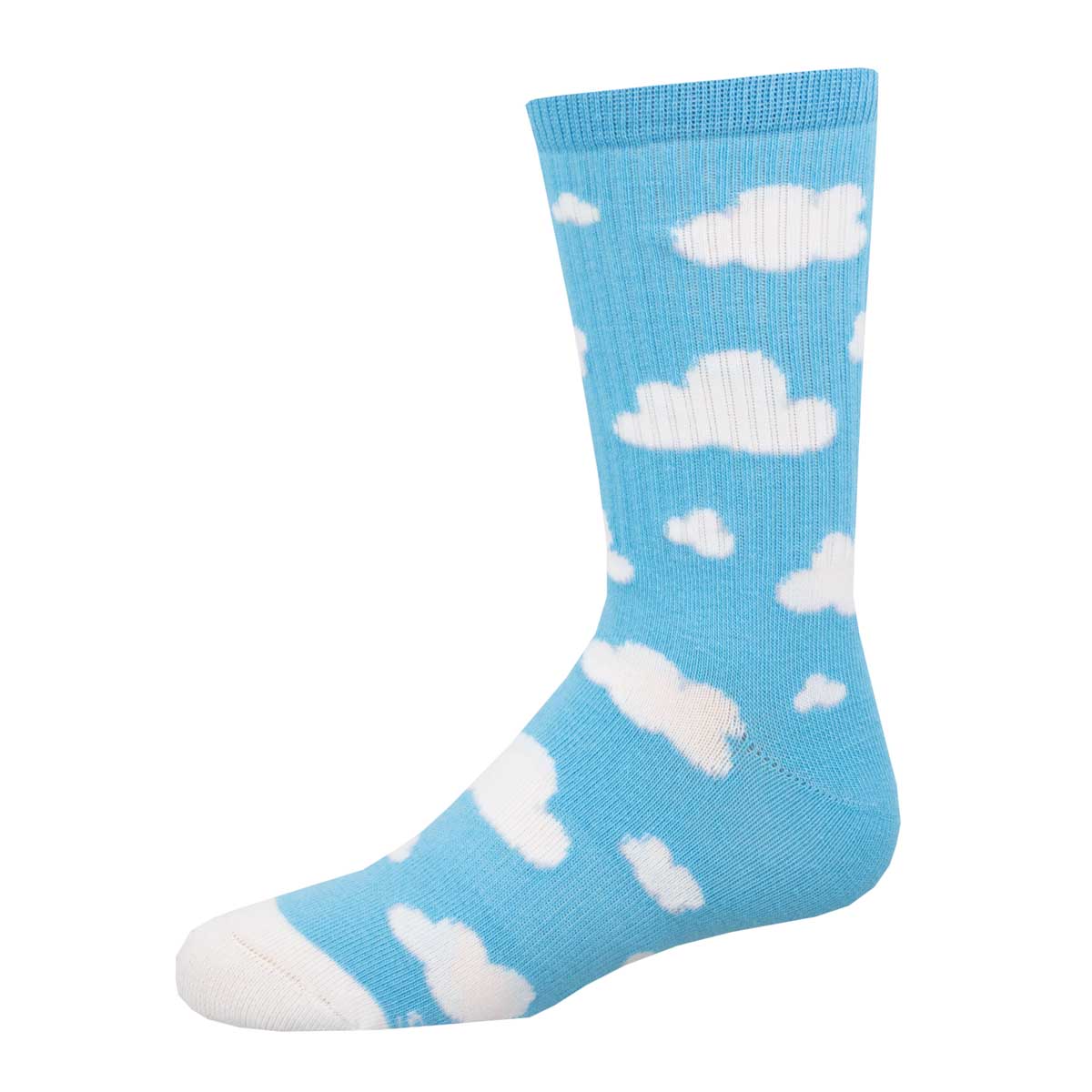 A blue sock with white cloud patterns, showing a crew length design with a seamless toe and padded footbed.