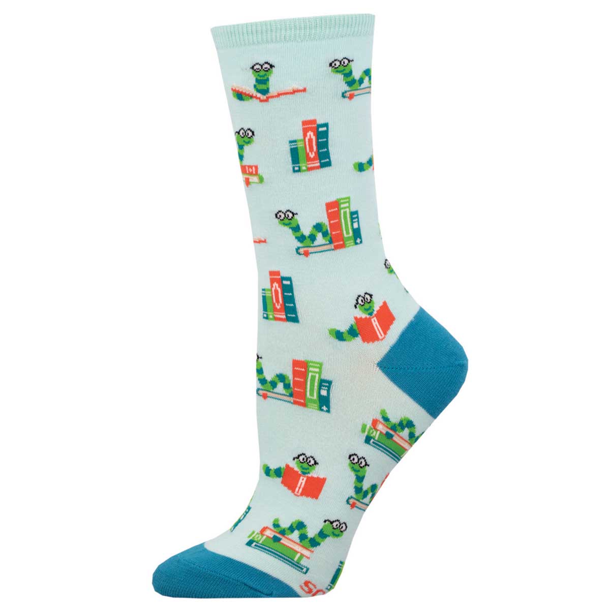 A pair of women's crew socks with a pattern of books and worms "Bookworm" on a light blue background.