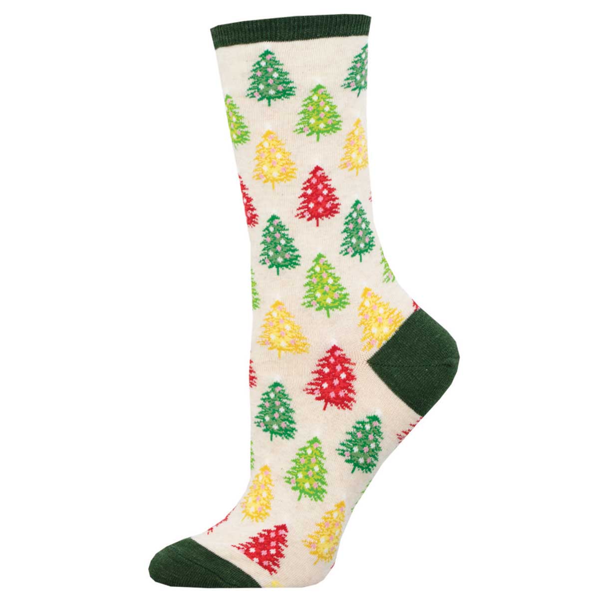 A pair of women's socks with a Christmas tree pattern on an ivory background.
