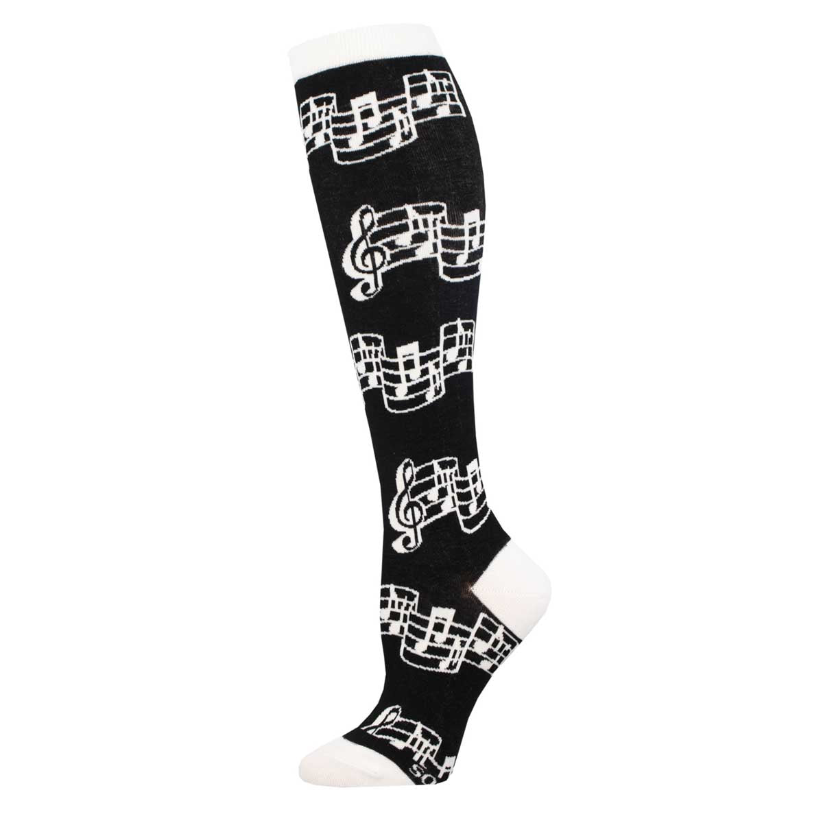 A pair of knee-high socks with a pattern of white musical notes on a black background.