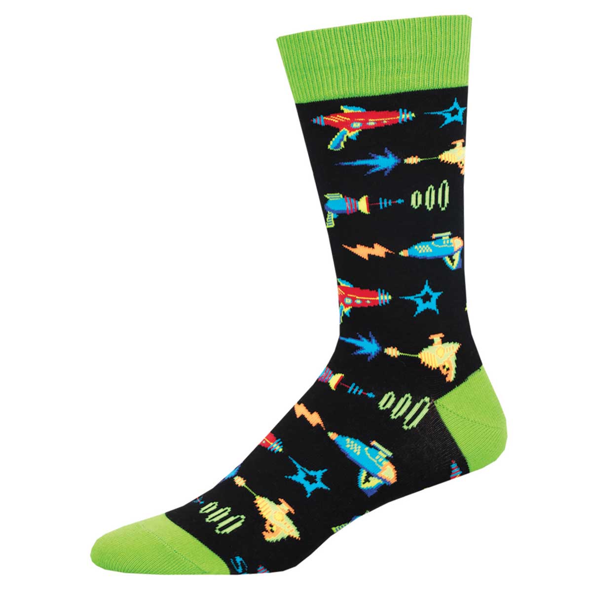 A pair of colorful socks with a pattern of astronauts, rockets, and stars on a black background with green cuffs.