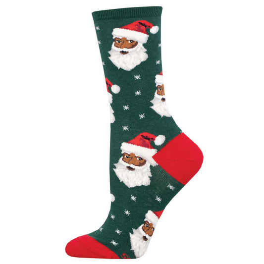 A green and red crew sock with a pattern of Santa Claus faces and snowflakes.