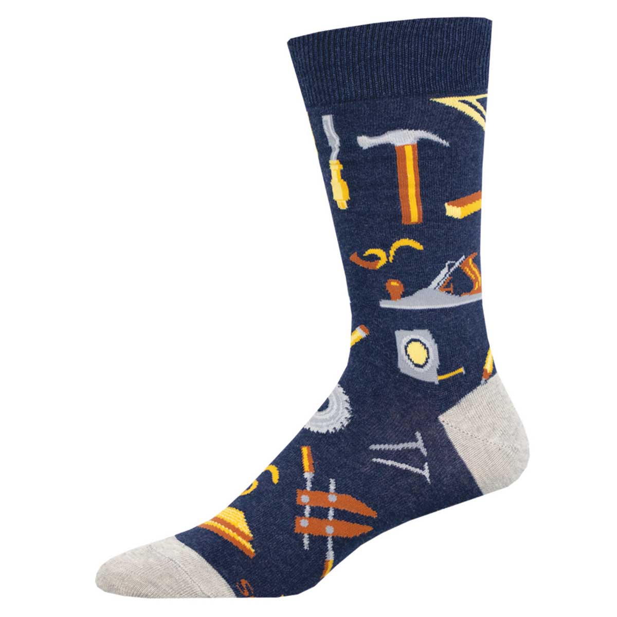 A pair of men's crew socks with a pattern of various tools such as a hammer, wrench, and hard hat on a navy blue background.