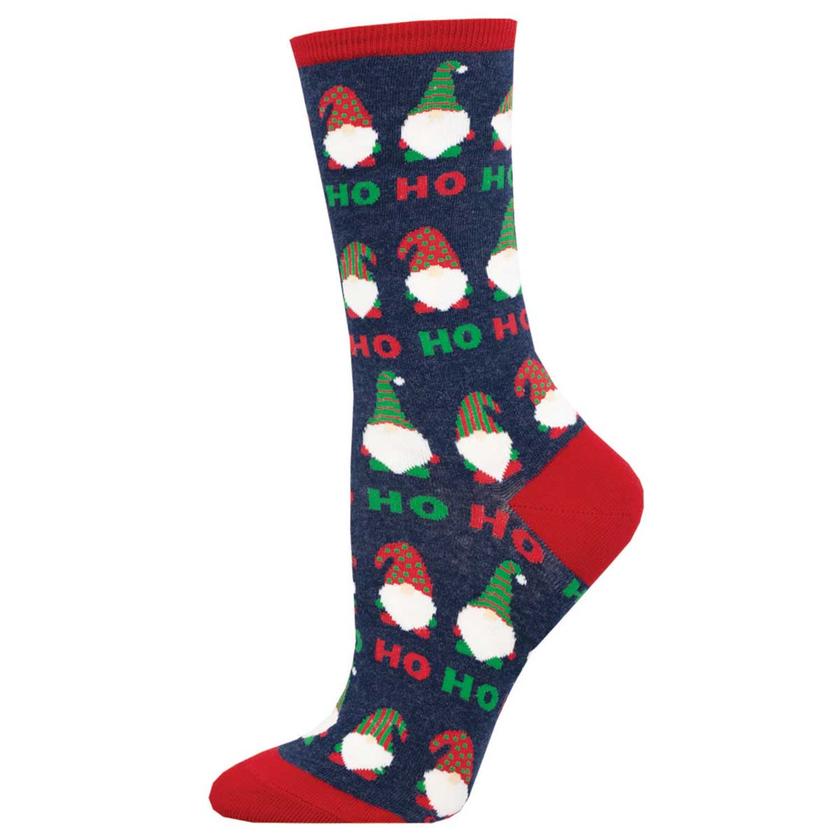 A pair of women's crew socks with a Christmas theme, featuring the text 'HO HO HO' and festive patterns such as Santa hats.