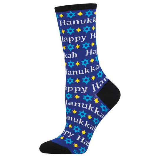 A pair of blue cotton crew socks with 'Happy Hanukkah' and star patterns