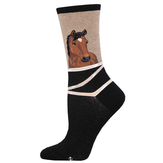A pair of crew socks with a horse design on the ankle area, primarily in brown and black colors.