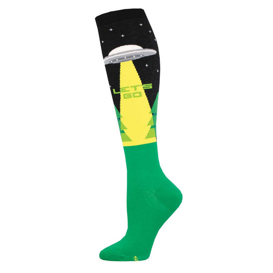 A pair of knee-high socks with a geometric pattern featuring an alien ship with green, black, and yellow colors, and text that says 'LET'S GO'.