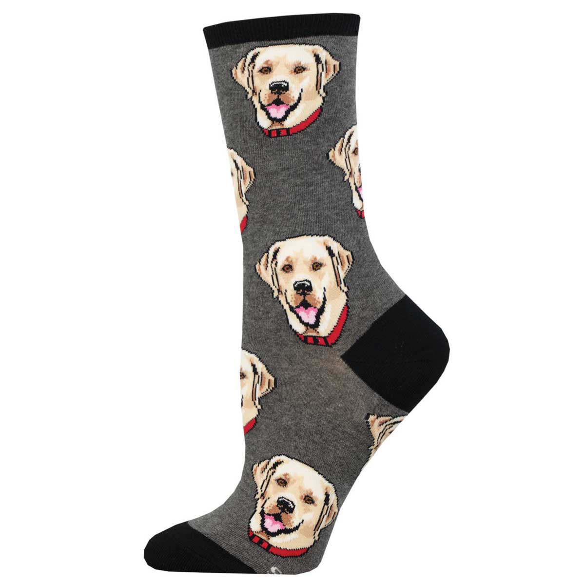 A pair of women's crew socks featuring a pattern of a Labrador dog's face in brown color on a gray background with black trim.