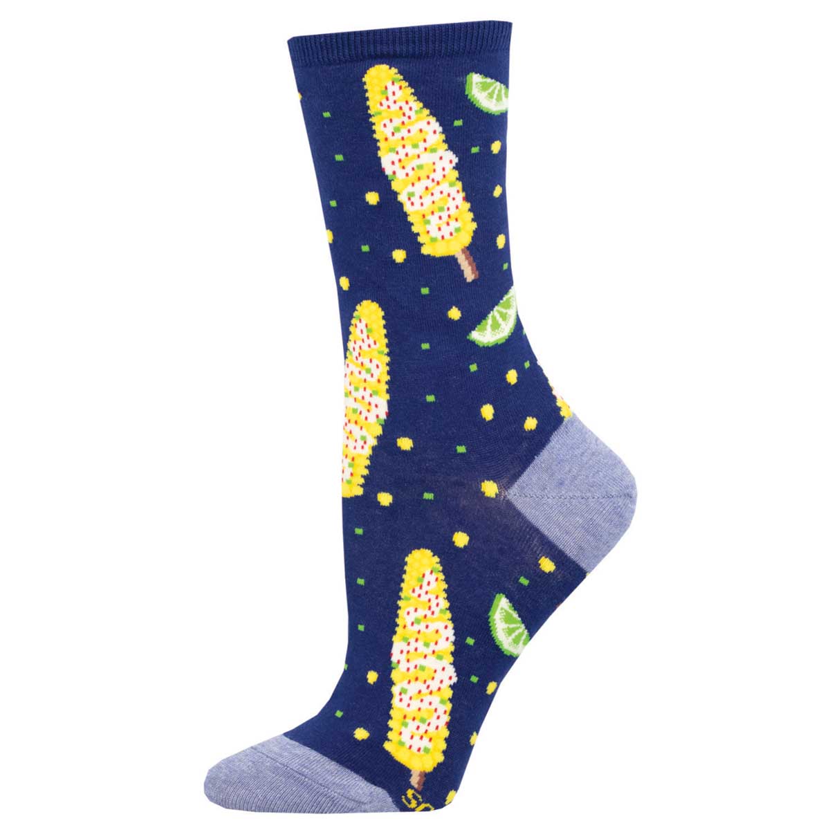 A pair of women's crew socks with a corn and lime pattern 'Elote' on a navy background.