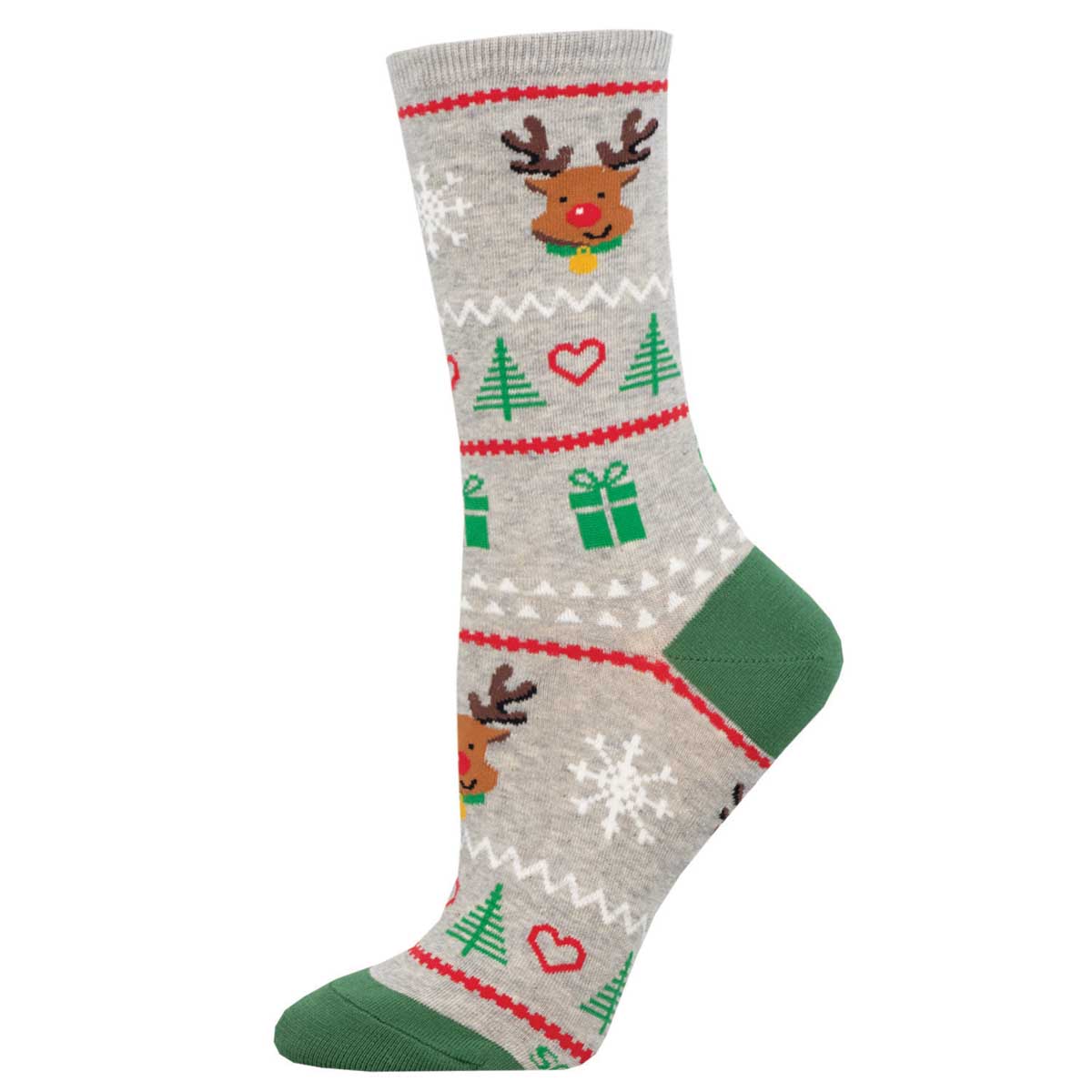 A pair of women's crew socks with a Christmas reindeer fair isle pattern in gray, green, red, and white.