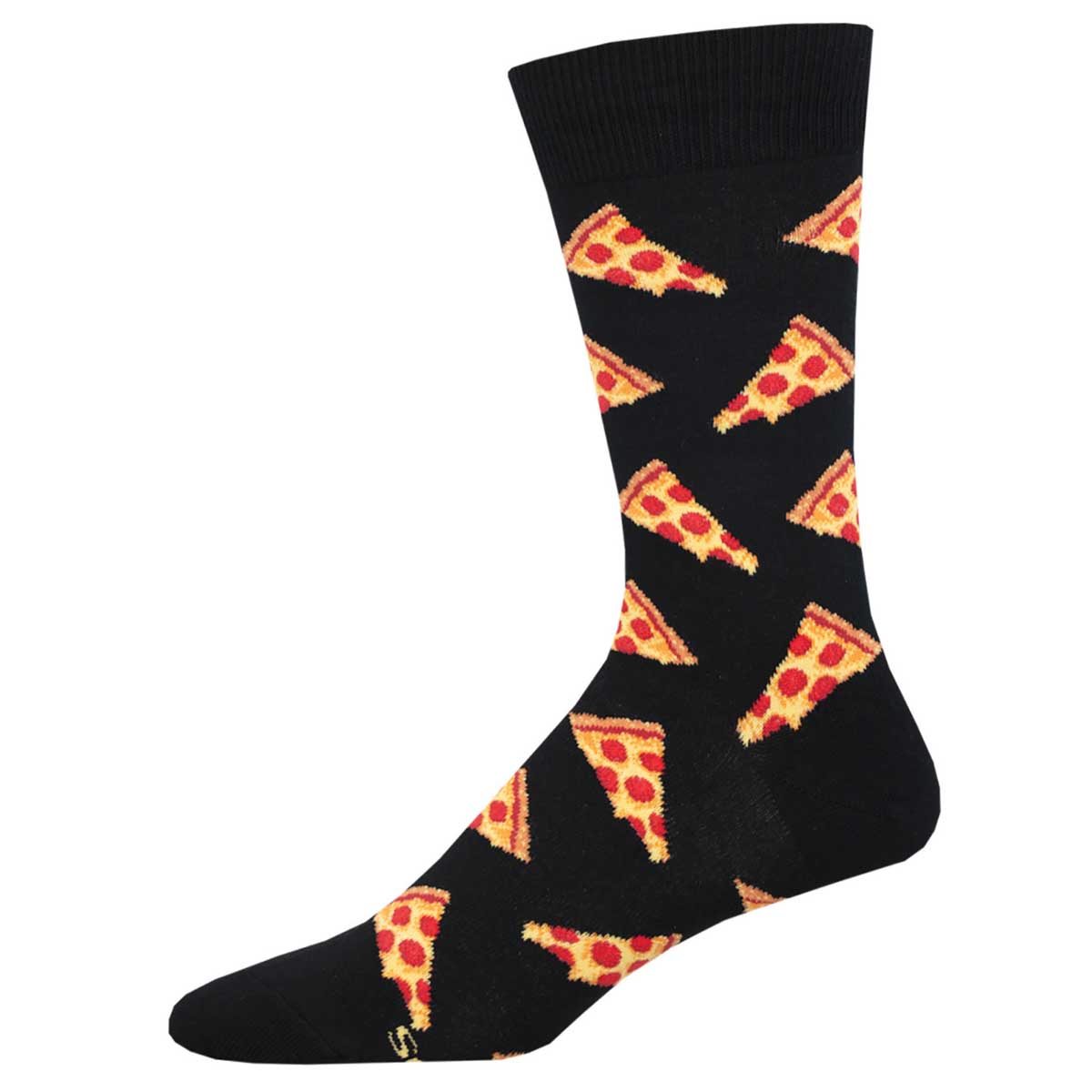 A pair of black crew socks with a pattern of pepperoni pizza slices.