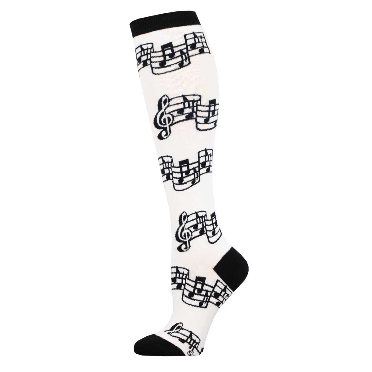 A pair of knee-high socks with a pattern of black musical notes on a white background.