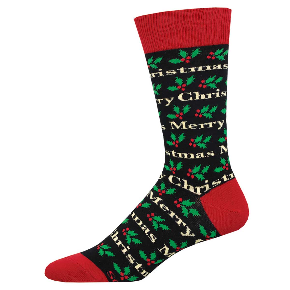 A pair of black crew socks with red trim and a Christmas pattern including the text 'Merry Christmas' and holly leaves.