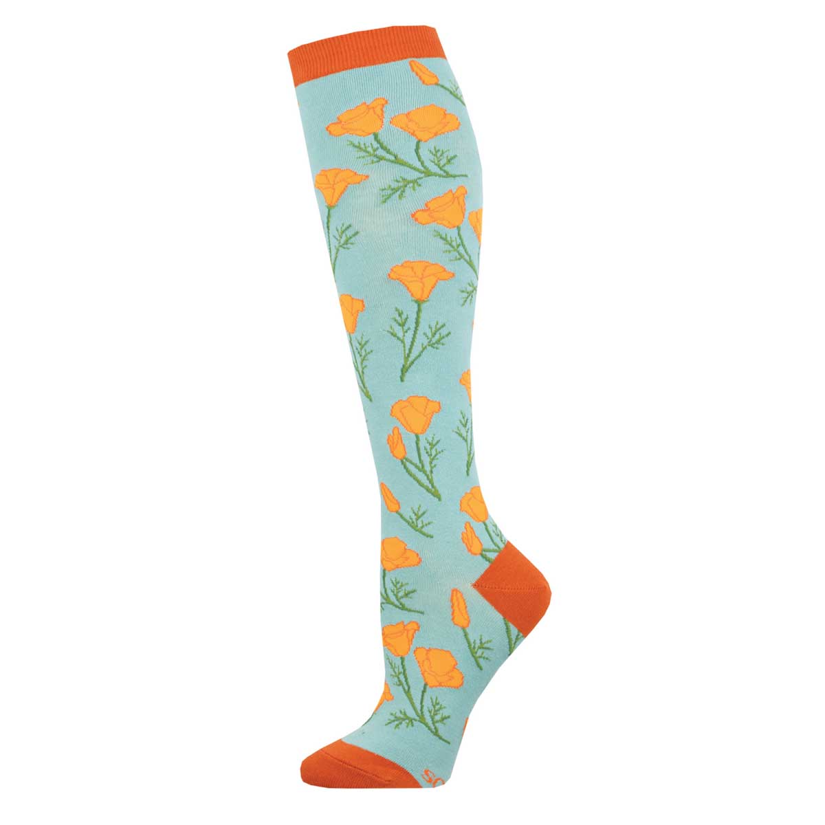 A pair of knee-high socks with a floral pattern featuring orange poppy flowers and green leaves on a blue background.