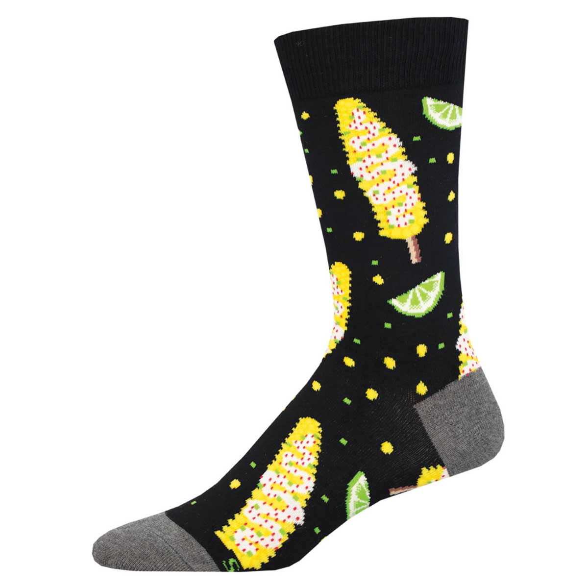 A pair of black crew socks with a pattern of corn on the cob, seasoning, and lime. Elote
