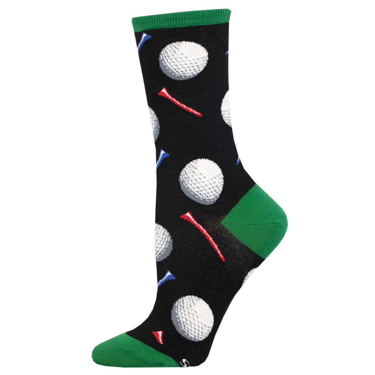 A pair of black cotton crew socks with a golf ball and tee pattern, featuring green accents at the heel and toe.