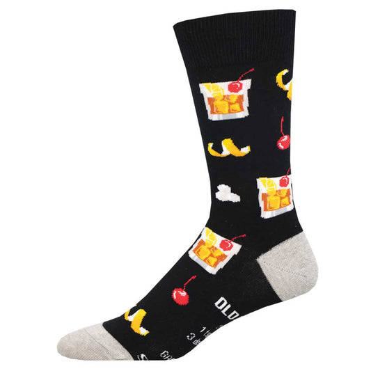 A pair of black crew socks with a pattern of bourbon glasses, cherries, and a recipe for an Old Fashion on the bottom of the foot.