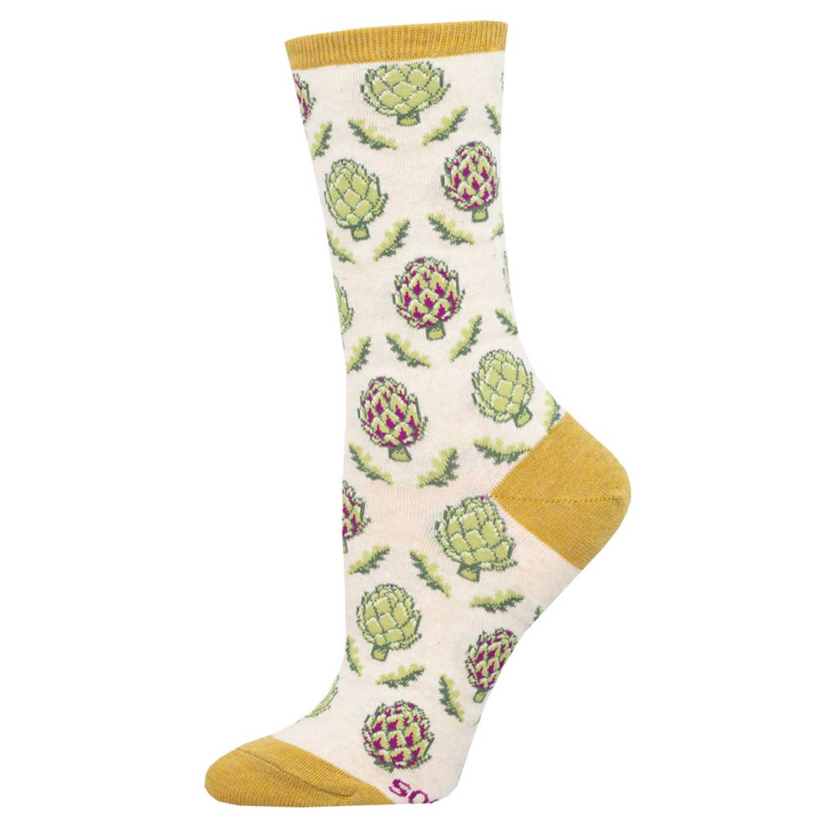 A pair of socks with a pattern of artichokes mainly in shades of green and yellow on a beige background.