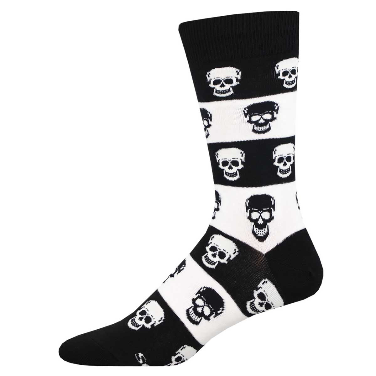 A pair of black and white crew socks with a pattern of skulls.