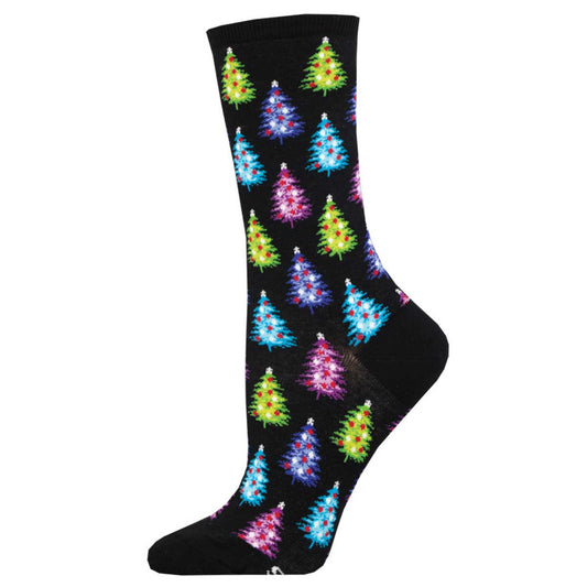 A pair of women's socks with a Christmas tree pattern on a black background.
