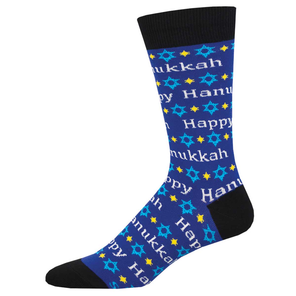 A pair of blue cotton crew socks with 'Happy Hanukkah' text and star patterns.