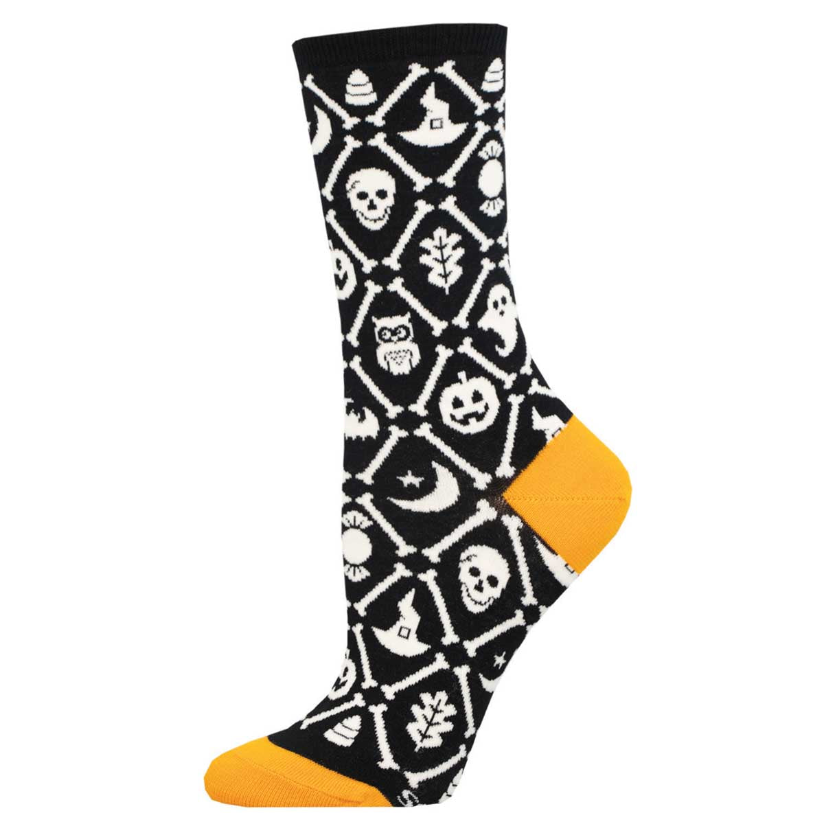 A pair of women's socks with a Halloween-themed pattern including skulls, pumpkins, and ghost shapes in black and white with a yellow orange heel and toe.