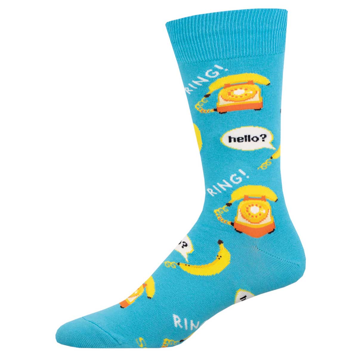 A pair of blue crew socks with a pattern of bananas and vintage telephone graphics.