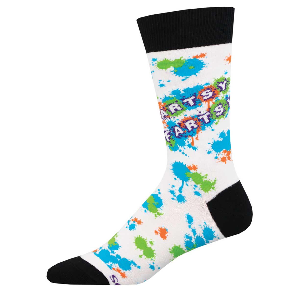 A pair of colorful crew socks with a pattern of paint splatters and the text 'ARTSY FARTSY'.