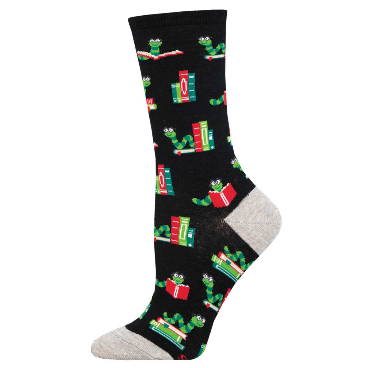A pair of women's crew socks with a pattern of books and worms "Bookworm" on a black background.