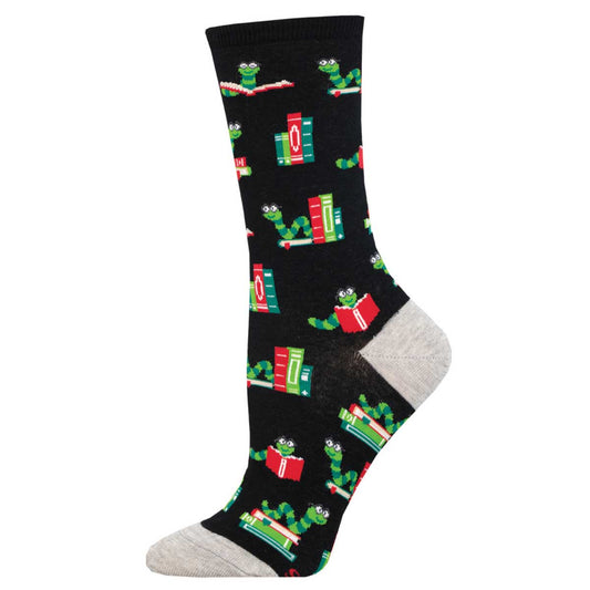 A pair of women's crew socks with a pattern of books and worms "Bookworm" on a black background.