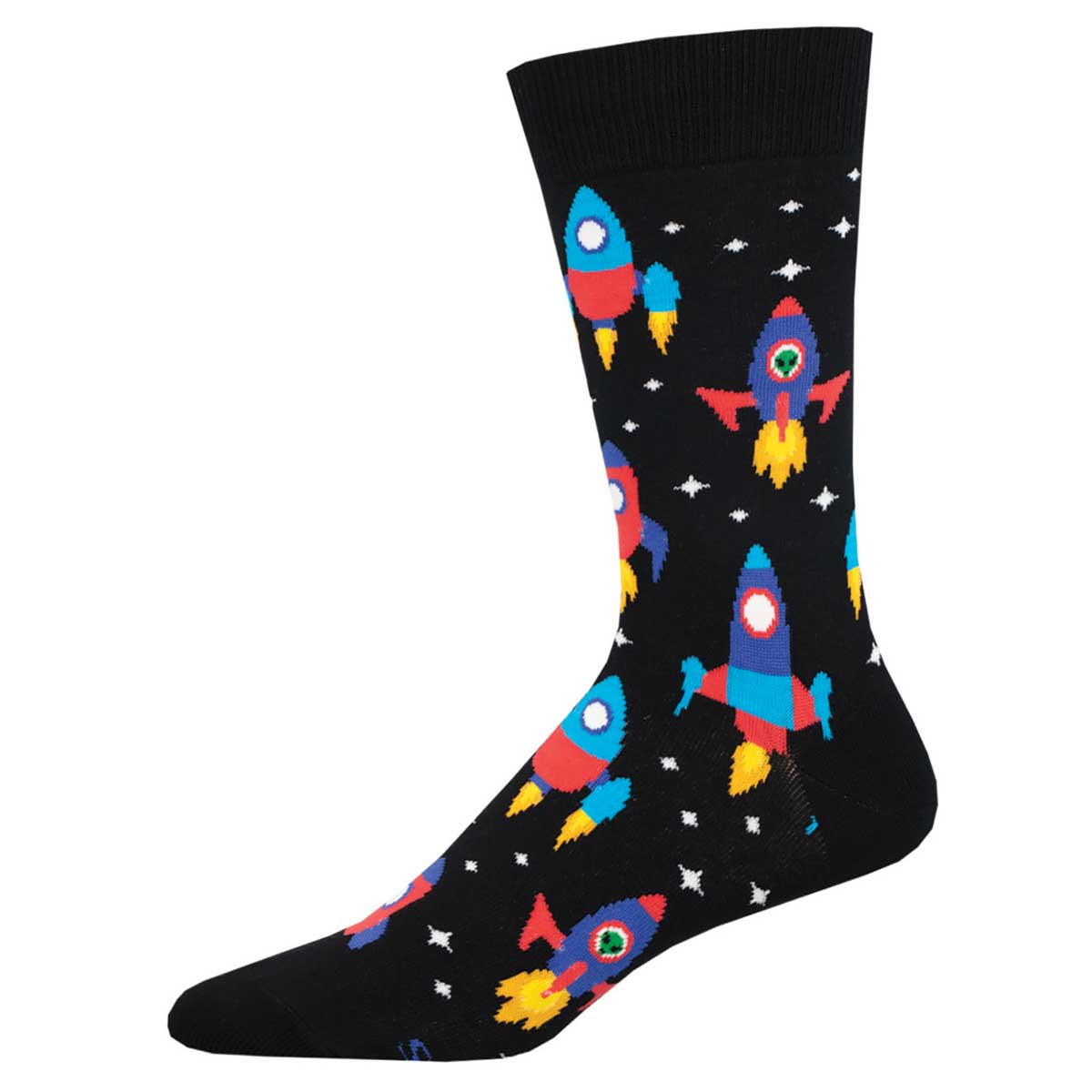 A pair of black cotton crew socks with a pattern of colorful rockets and stars.