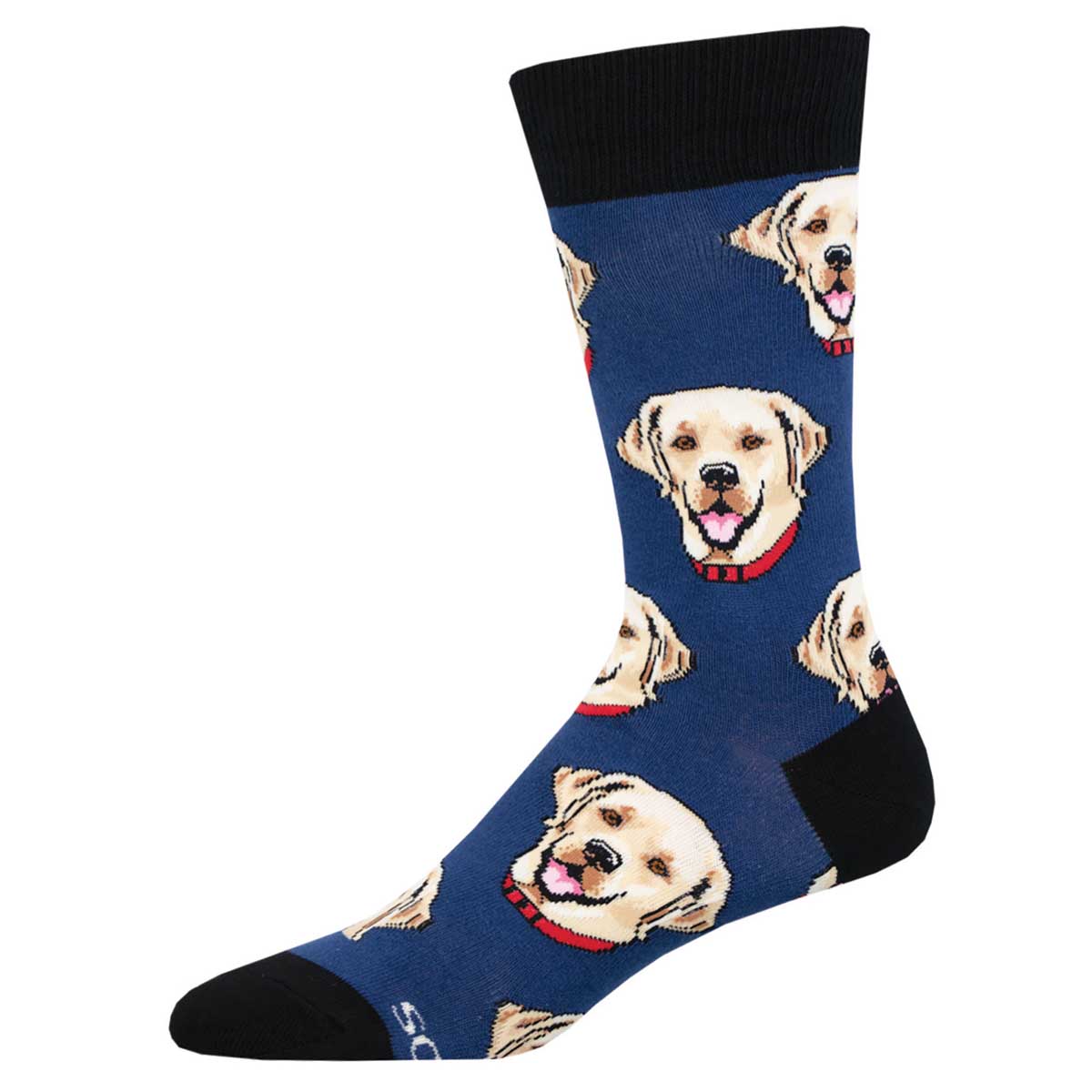A pair of blue crew socks with a pattern of Labrador dog portraits.