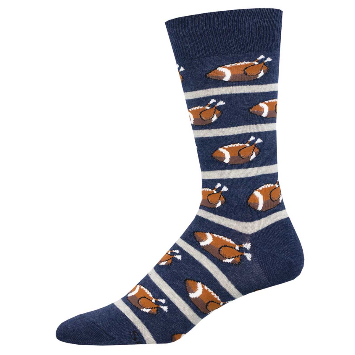 A pair of blue cotton crew socks with a pattern of footballs and Thanksgiving-themed motifs.