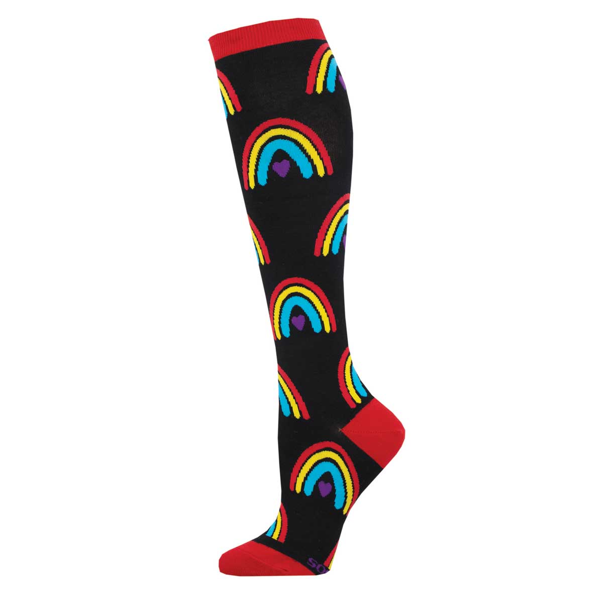 A pair of knee-high socks with a pattern of rainbows and hearts on a black background.