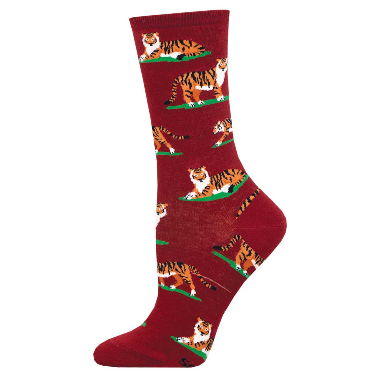 A pair of red crew socks with a pattern of tigers.