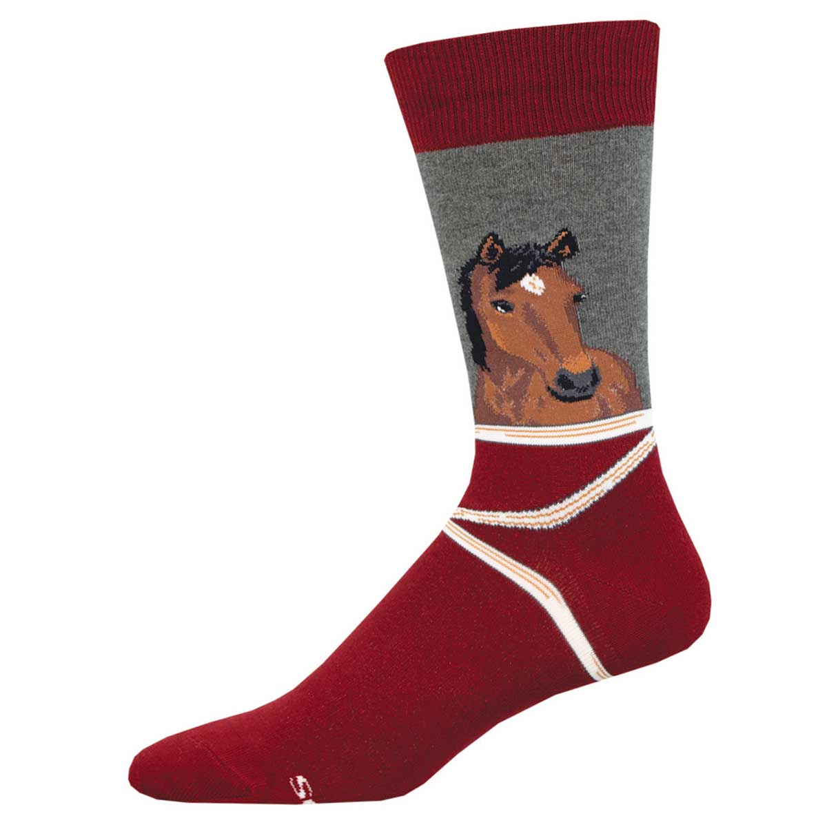 A pair of crew socks with a horse design on the upper part, primarily in red and gray colors.