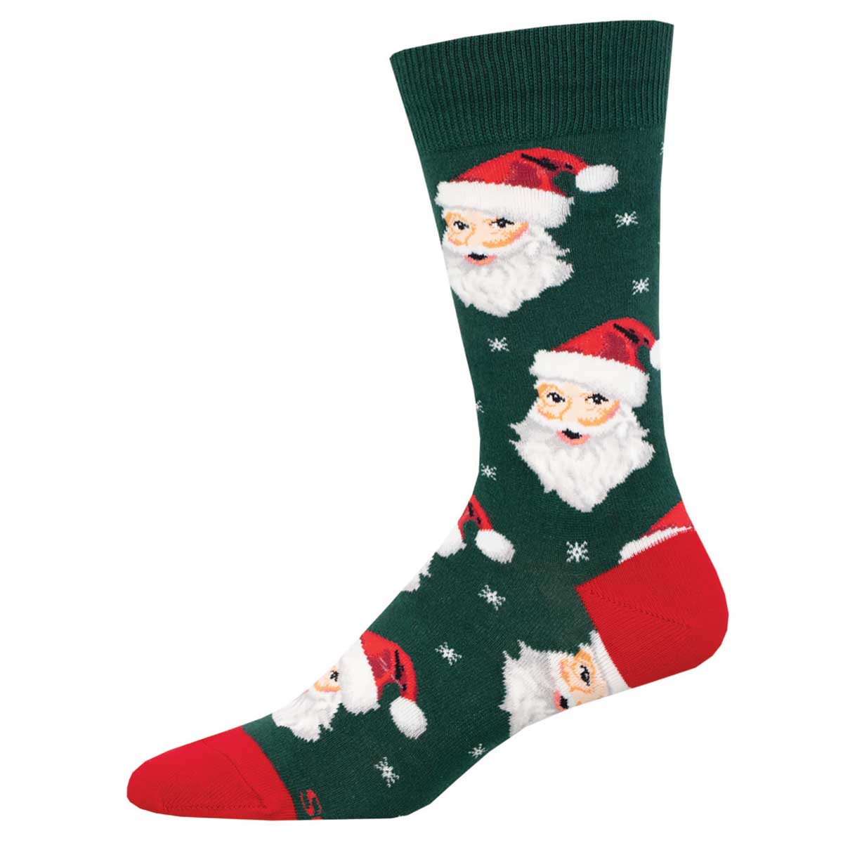 A pair of green crew socks with a pattern of Santa Claus faces and red accents.