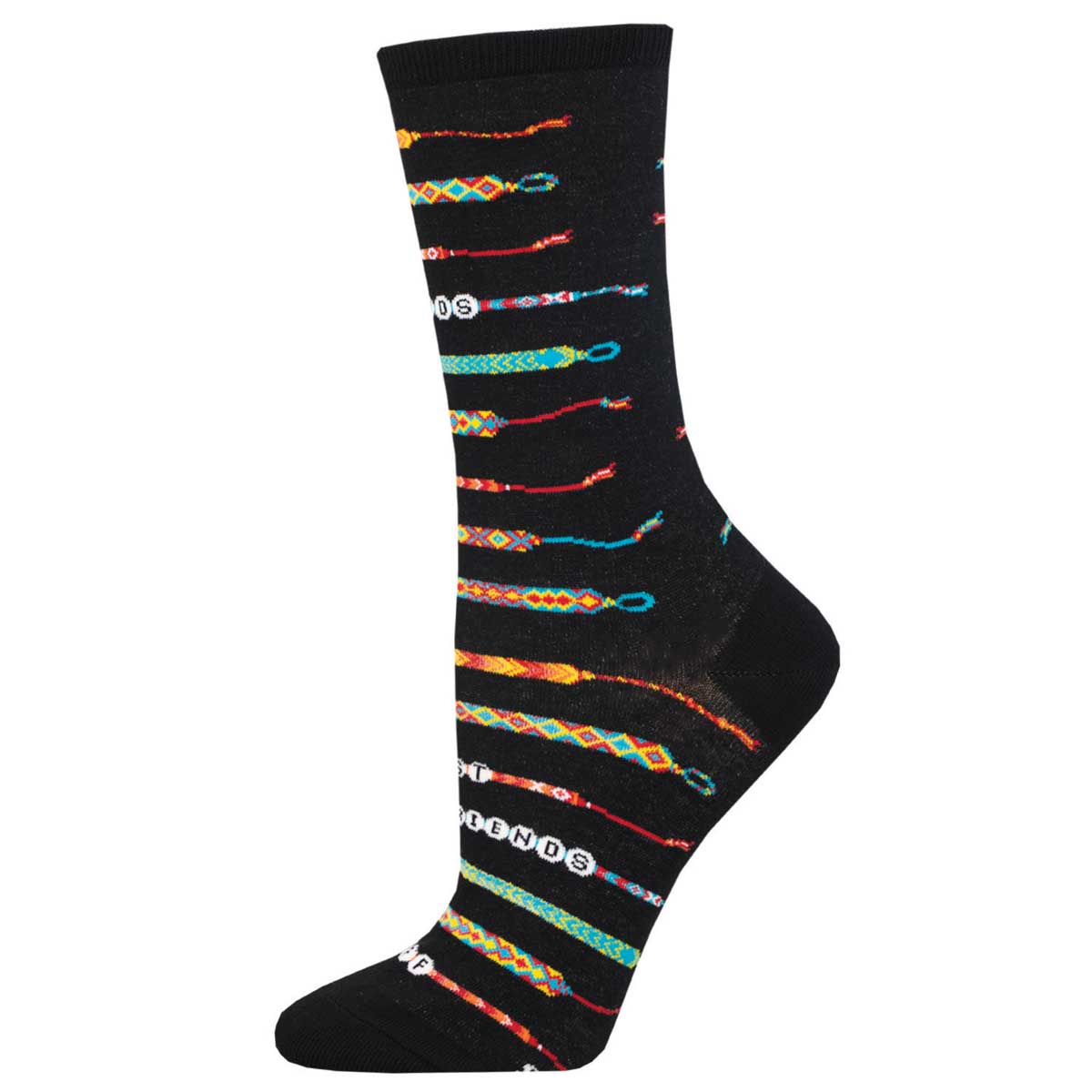 A black sock with a pattern of colorful friendship bracelets on it.