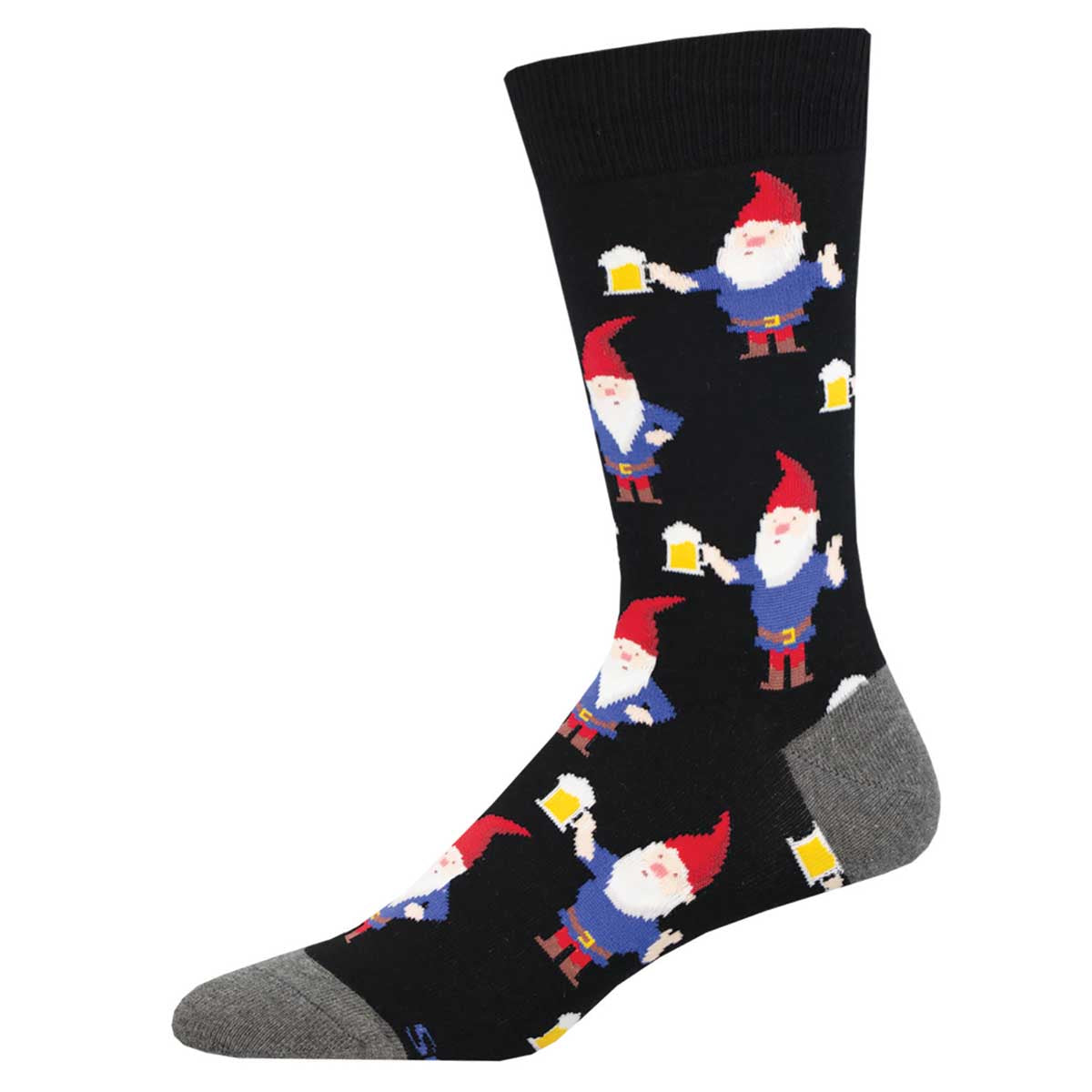 A pair of black crew socks with a pattern of cartoon gnomes holding beer glasses.
