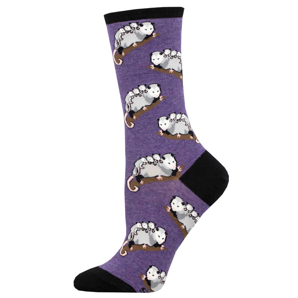 Women's Cotton Crew Socks - Opossum with Babies Design - Purple - Socksmith 